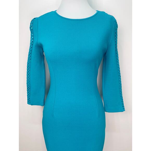 St. John Size 2 Sapphire Knit Bodycon Midi Dress Statement Sleeves NWOT - Picture 2 of 10